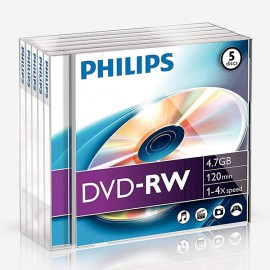 Philips DVD-RW 4.7GB Data/120 Min Video, 4x Speed Recording 5 Pack Jewel Case